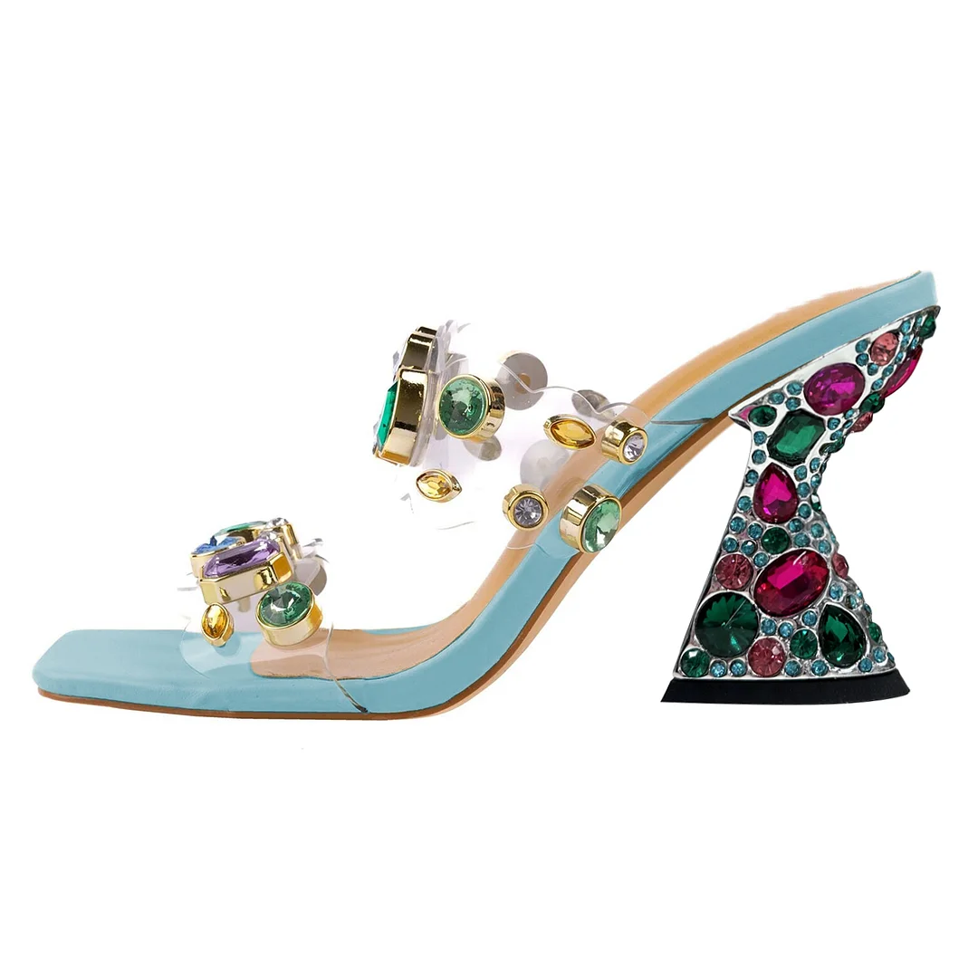 Sky Blue Leather Square Toe Rhinestone Embellished Clear Band Heels   