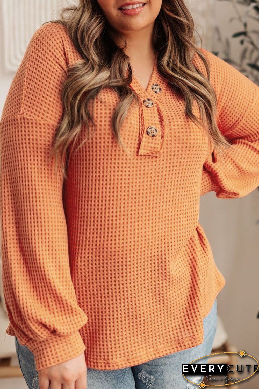 Orange Buttoned V Neck Waffle Knit Plus Size Top