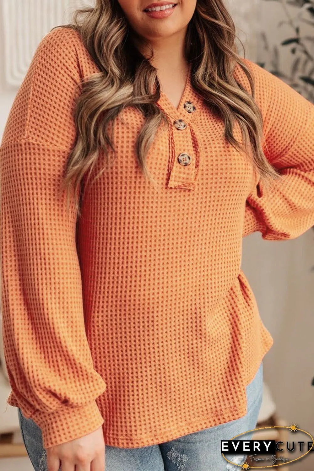 Orange Buttoned V Neck Waffle Knit Plus Size Top