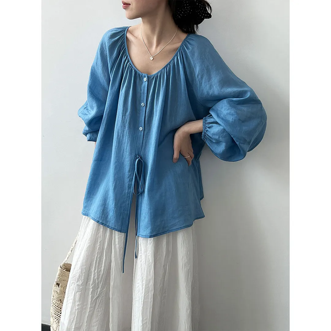 Women's Linen Gathered U Neck Bubble Sleeve Drawstring Loose Blouse