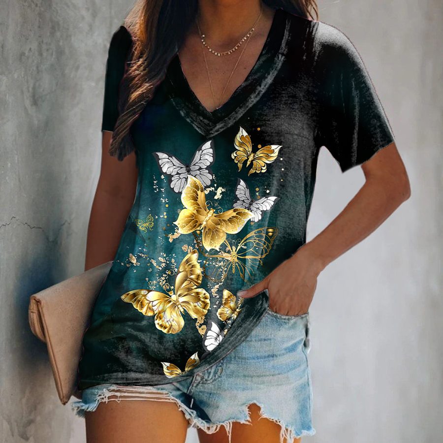 Golden Butterflies Printed Women's T-shirt
