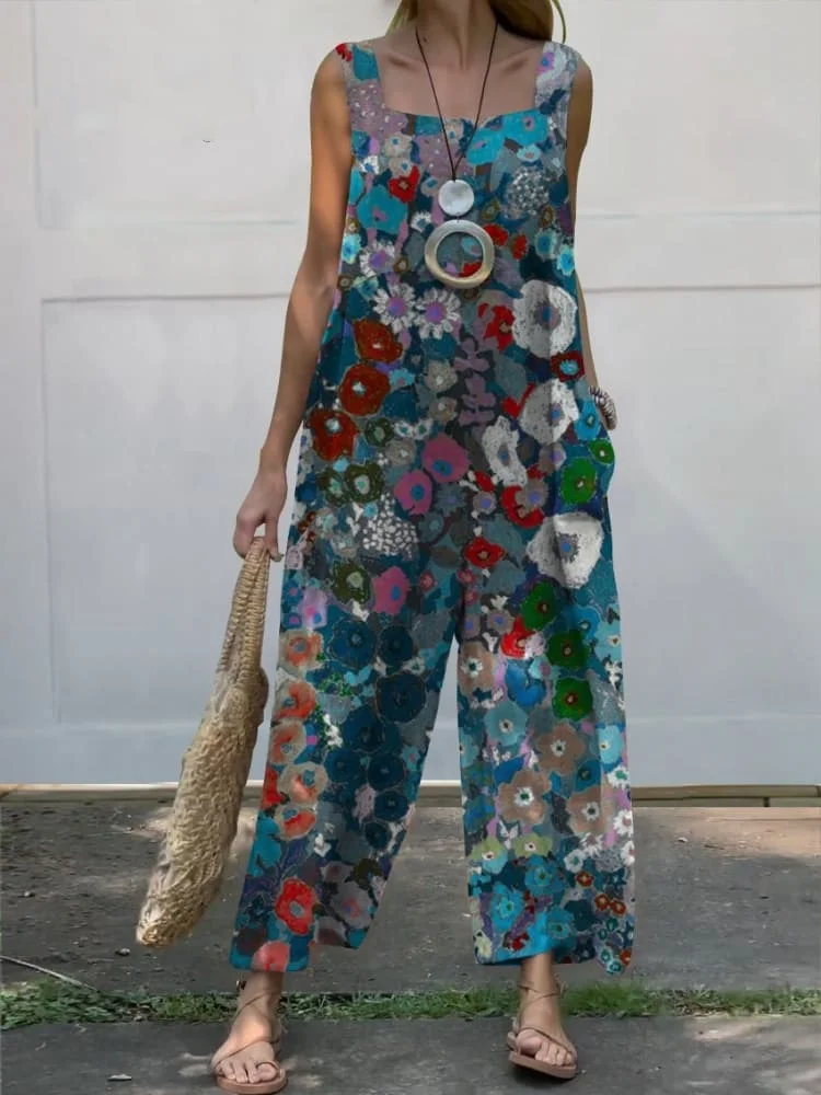Women's Vintage Lovely Floral Art Print Casual 100% Cotton Wide Leg Jumpsuit