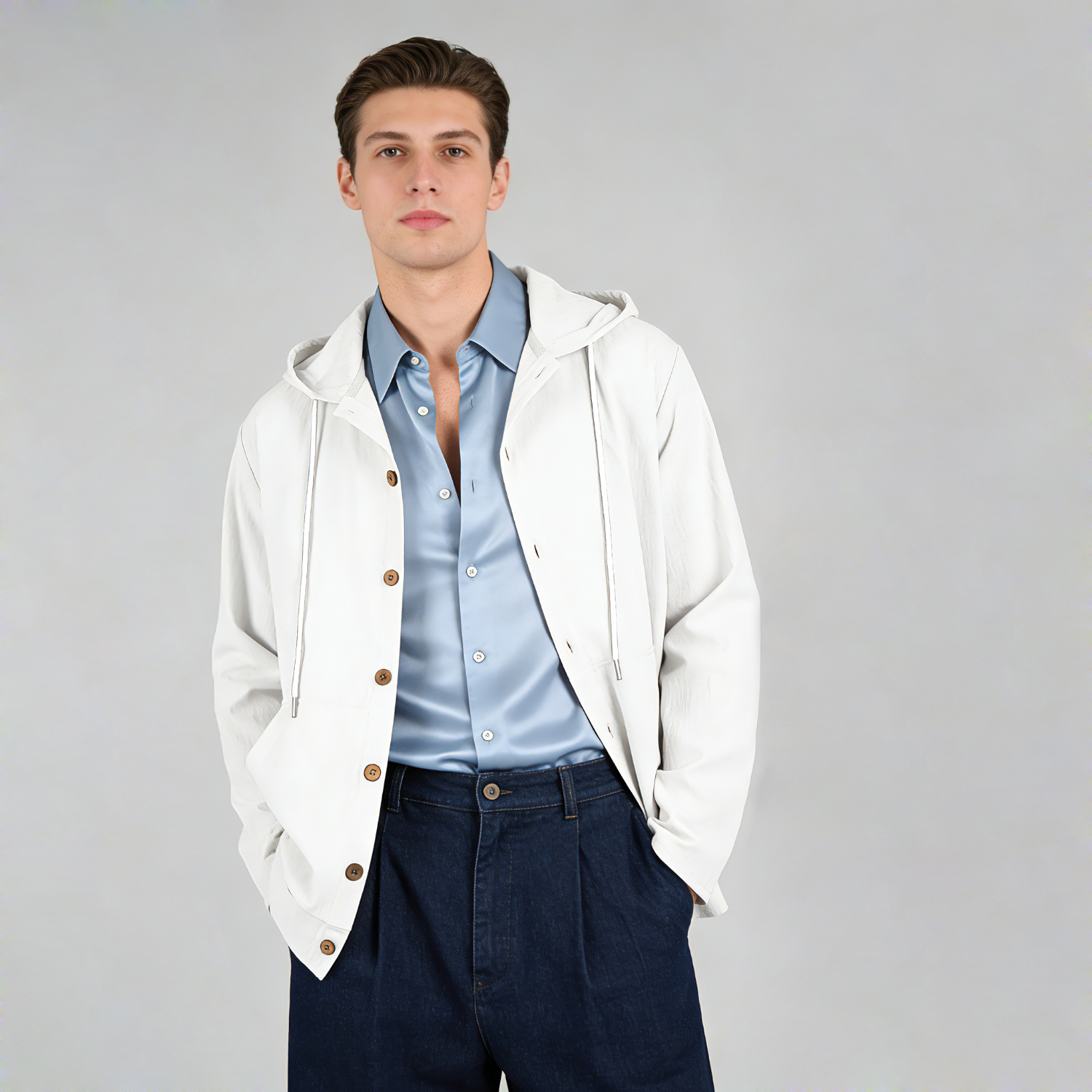 Linen Jacket Men Linen Button Up Hoodie Jacket REAL SILK LIFE