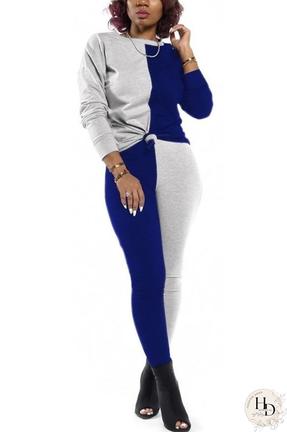 rose red and blue Polyester Sexy Patchwork Solid pencil Long Sleeve Two Pieces