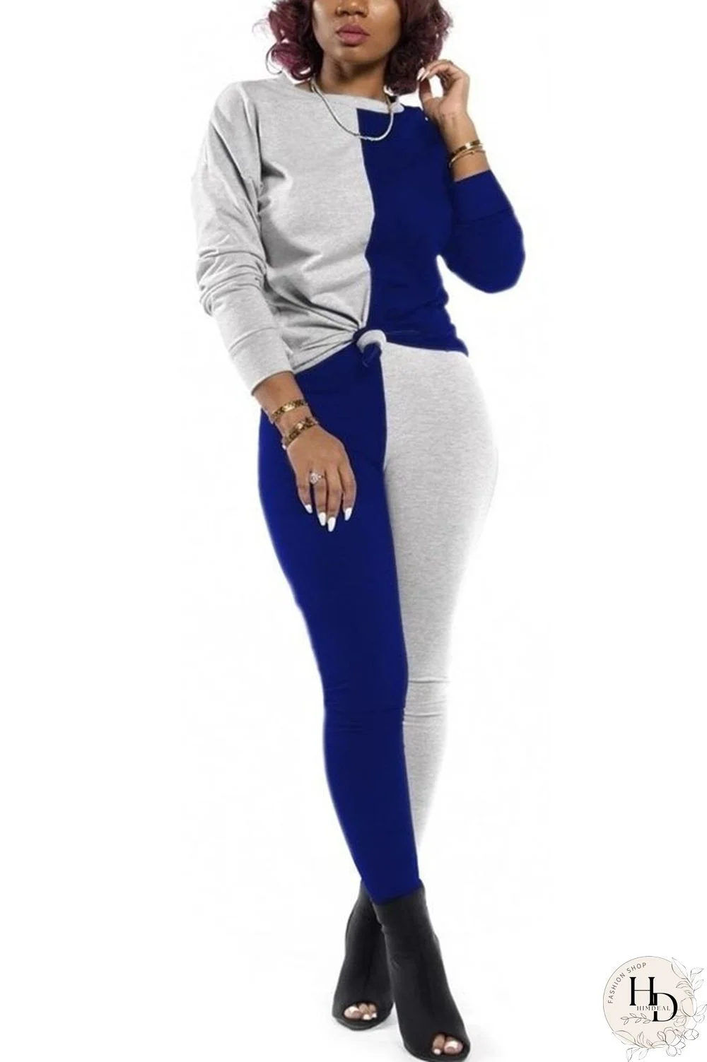 rose red and blue Polyester Sexy Patchwork Solid pencil Long Sleeve Two Pieces