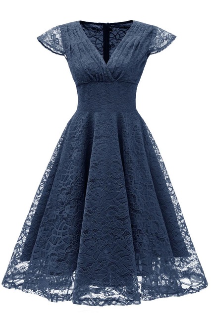 cap sleeve navy full lace short prom dress