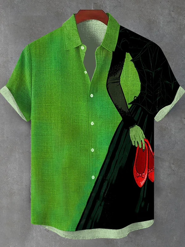 Men's Green Witch Red High Heels Color Block Art Print Shirt