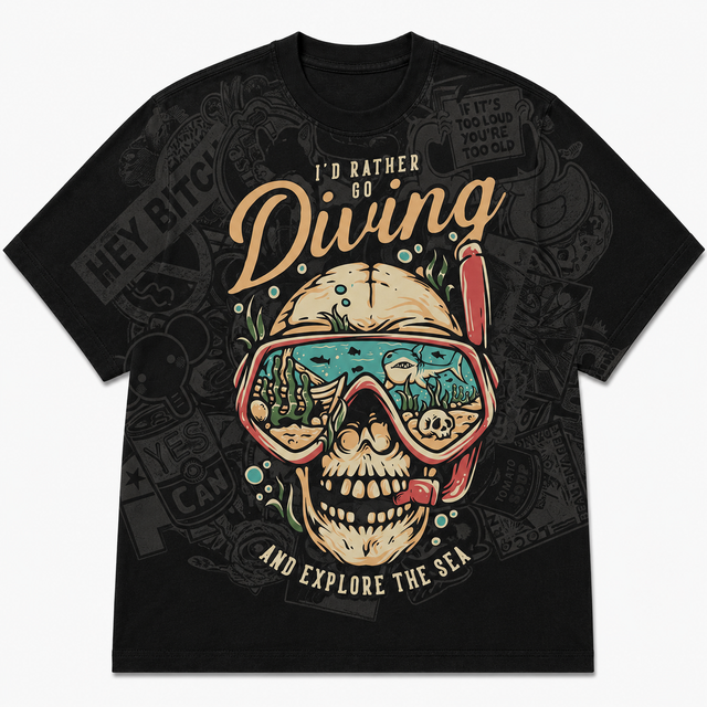 Surf Diving Skull Cotton T-Shirt - Black / Tan / Teal