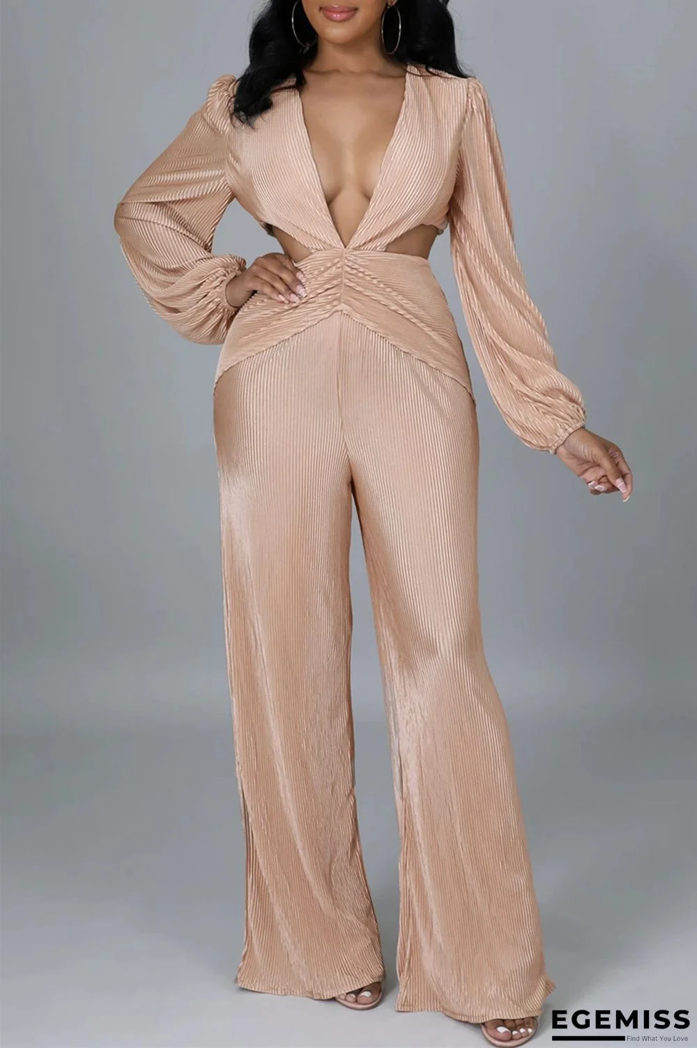 Apricot Fashion Casual Solid Hollowed Out V Neck Regular Jumpsuits | EGEMISS
