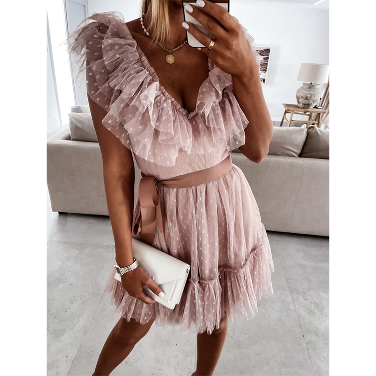 Ruffle V Neck Gauze Party Dress