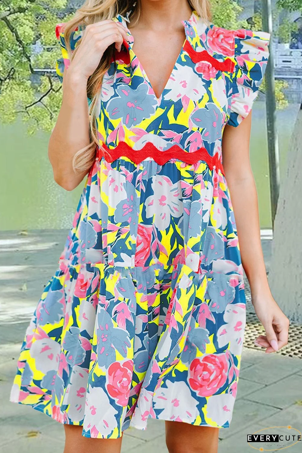 Ruffled Printed Cap Sleeve Mini Dress