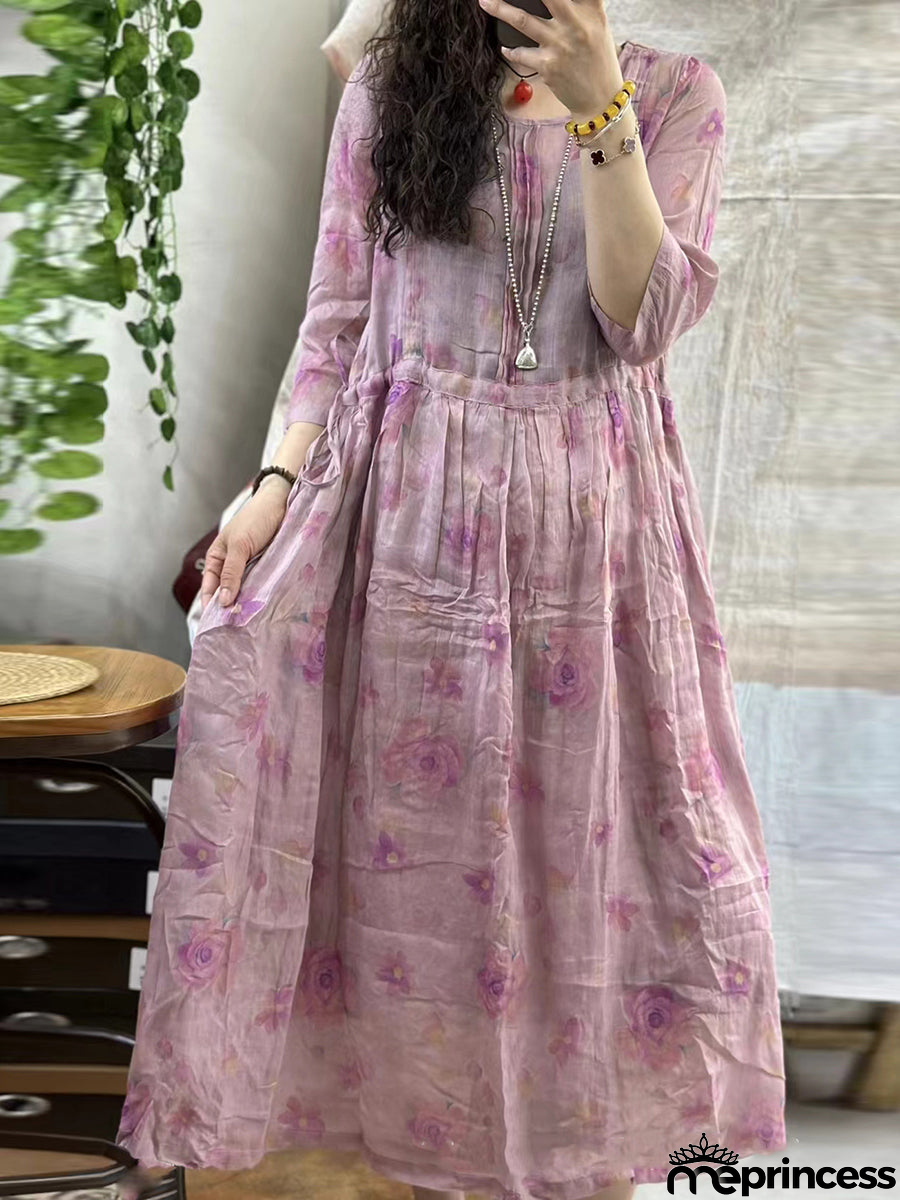 Women Summer Floral Artsy Strap Ramie Dress