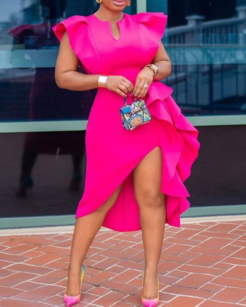 Elegant Solid Color Ruffled Dress