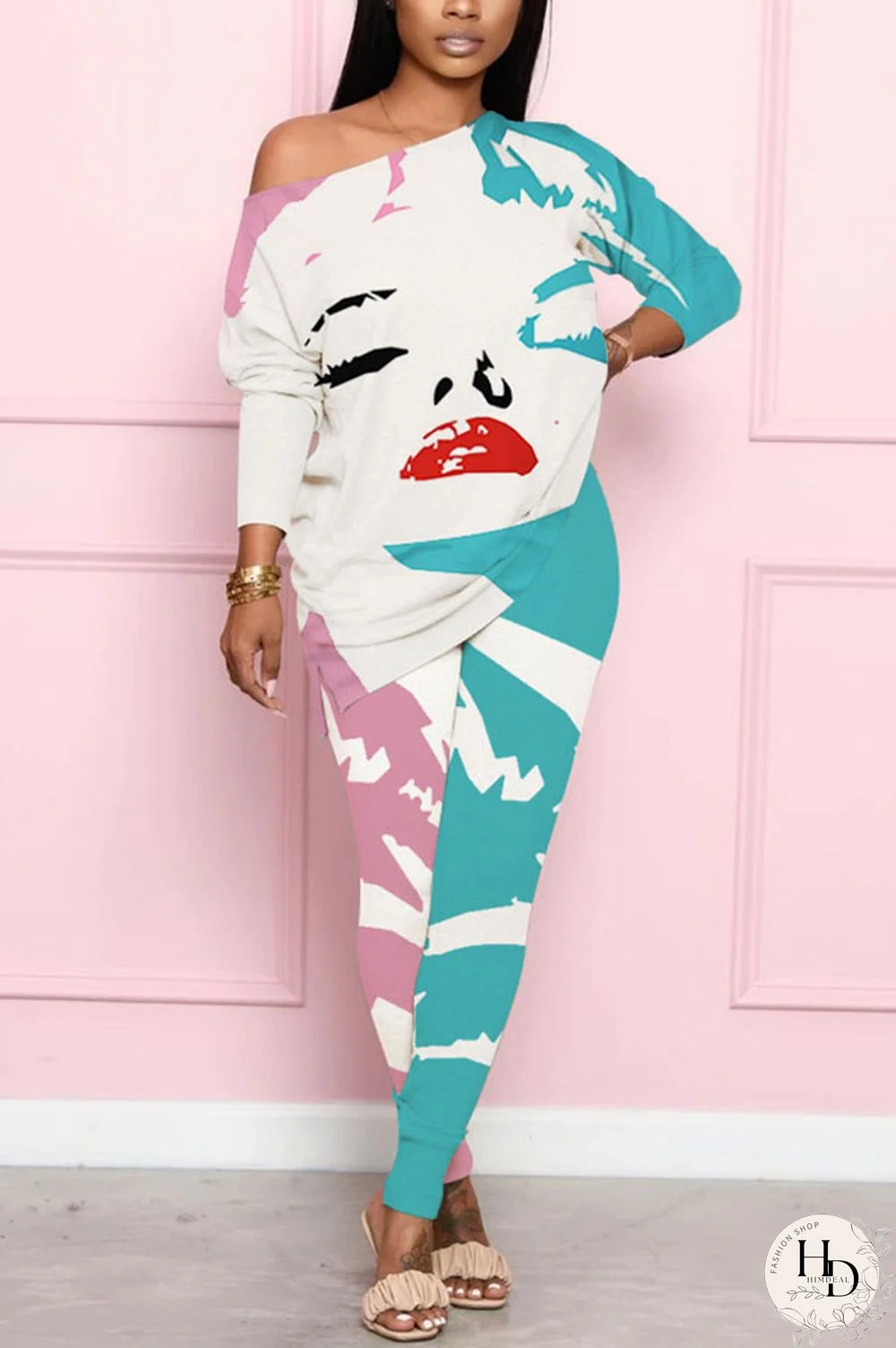 Blue Fashion Casual Polyester Print Lips Printed Basic O Neck Nine Points Sleeve One Shoulder Long Two Pieces