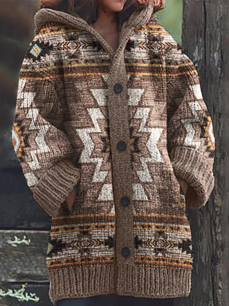 VChics Western Aztec Cozy Knit Hooded Cardigan