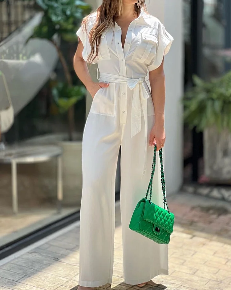 Casual Solid Lapel Nipped Waist Jumpsuit
