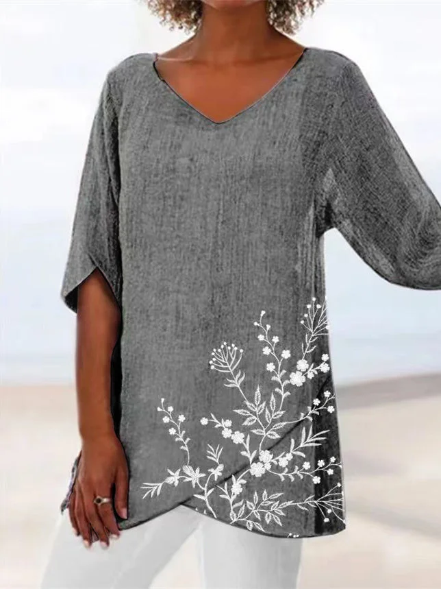 Women Asymmetrical  Half Sleeve V-neck Floral Printed Solid Tops