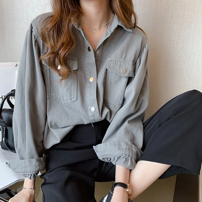 Blouses Shirts Women Spring Pockets Long Sleeve Fashion Solid Korean Style Loose Students Chic Womens Vintage Street Elegant New