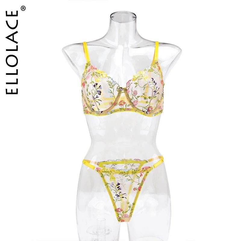 Ellolace Erotic Lingerie Fairly Lace Transparent Underwear Set Girl Floral Embroidery Sexy Fancy Clear Bra Set Women 2 Piece