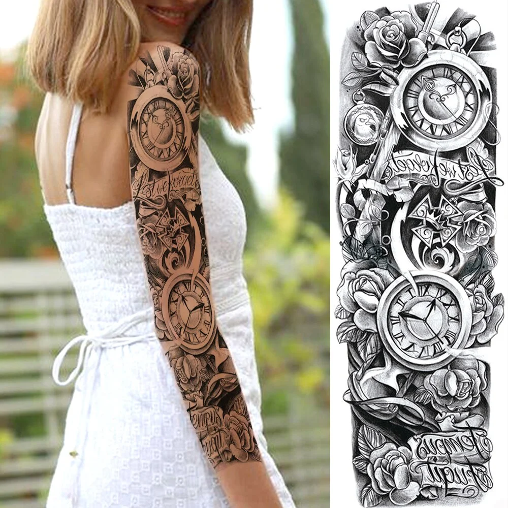 Sdrawing Temporary Tattoos Sleeve For Men Women Skeleton King Warrior Full Arm Tattoos Sticker War Black Fake Tatoos Long Sleeve