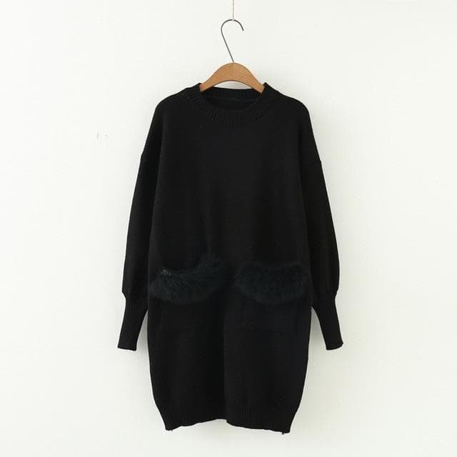 Faux Fur Pocket Design Knitted Sweater Dress SP14074