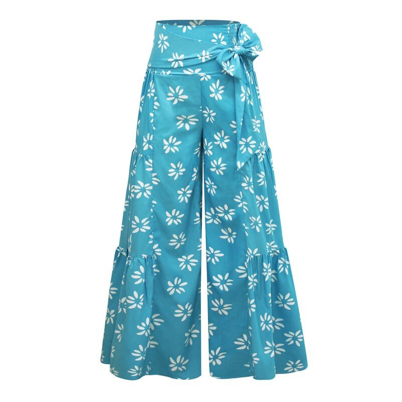 Fongt Fashion Summer Women's Digital Print Casual Pants Elastic Waist Tie Wide Leg Pants Elegant Loose Beach Resort Trousers JH23