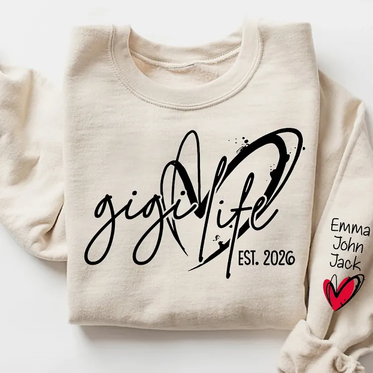 Personalized Gigi Life EST 2026 Sweatshirt, Custom Grandkids Names Sleeve Shirt, Black Brush Splatter Heart Gigi Life Gift
