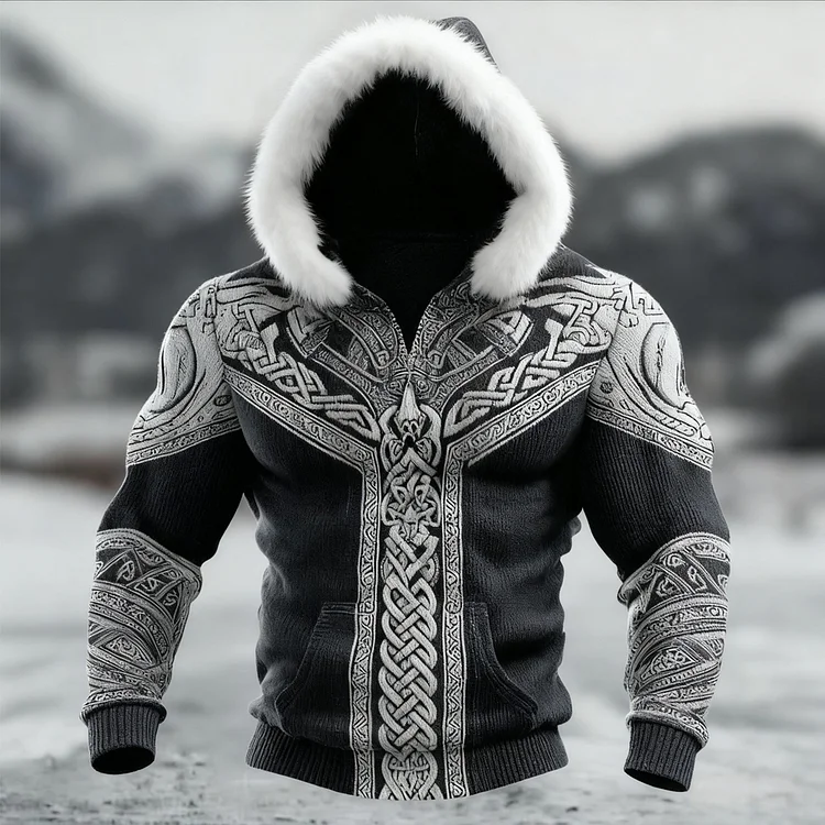 Men's Viking Inspired Celtic Fur Trim Cozy Knit Hooded Sweater