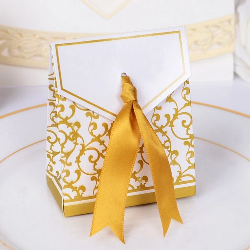 10Pcs/lot Gold Silver Candy Paper Box With Ribbon Gift Bags Wedding Favors Sugar Case Birthday Party Decor Mariage Casamento