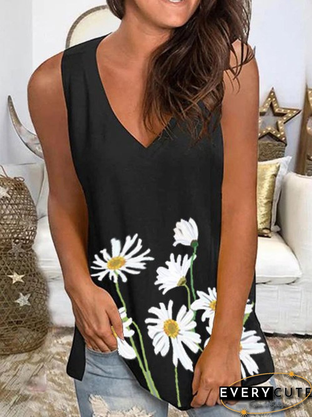 Black Shift Floral Knitted Holiday Tanks & Camis