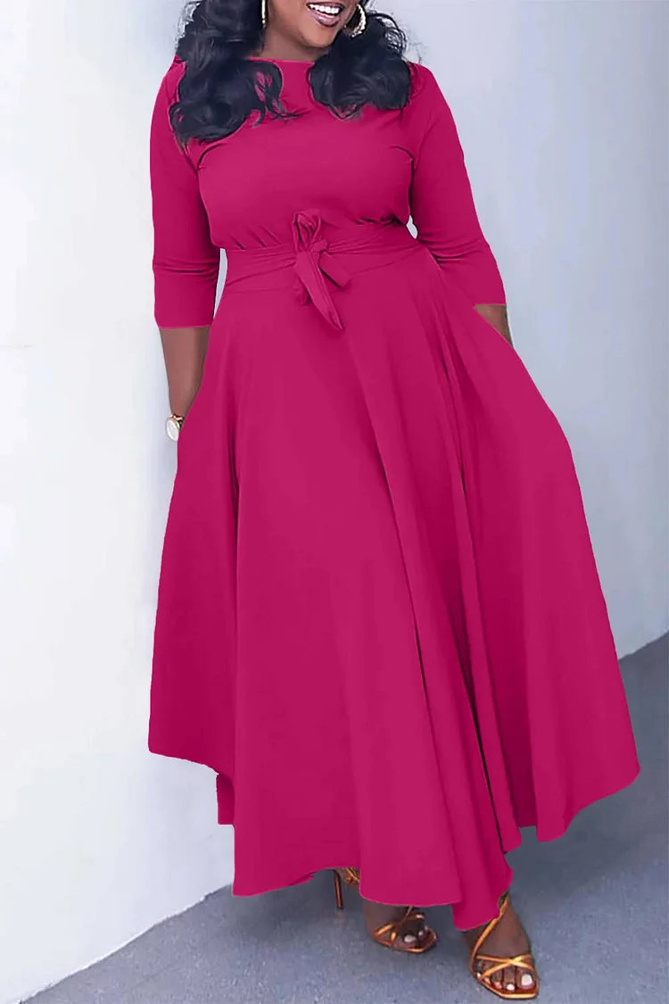 Plus Size Magenta Casual Round Neck With Pocket Wrap Maxi Dress