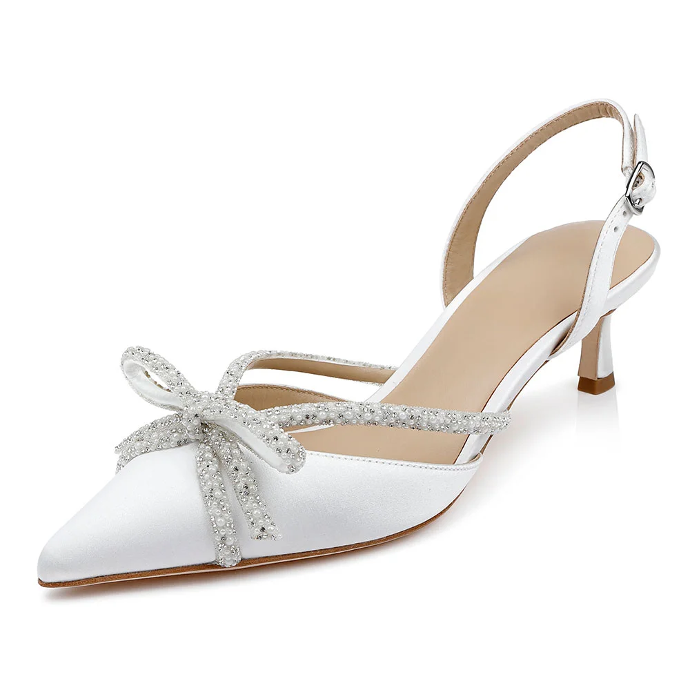 White Satin Rhinestone Pearl Bow Slingback Kitten Heel Wedding Shoes