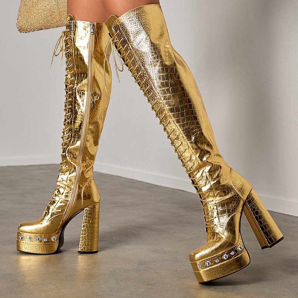 Gold Crocodile Leather Over The Knee Boots With Rhinestone Platform Lace Up Chunky Heel Boots Nicepairs