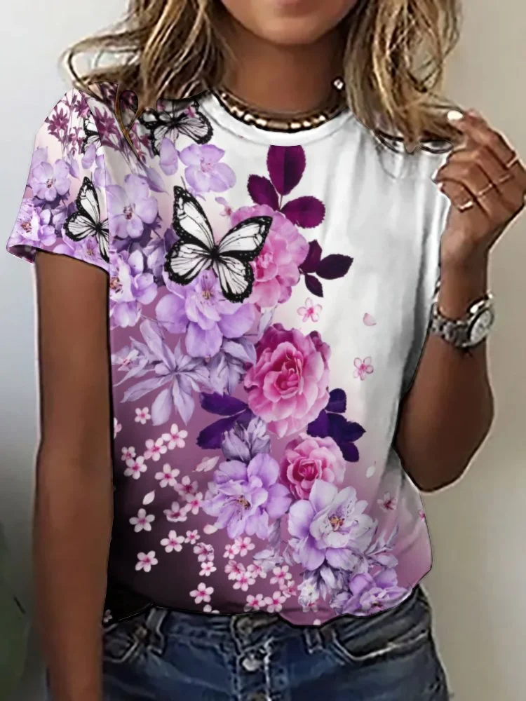 Printed Short Sleeve Casual T-shirt for  Women and Men Unisex Pattern Butterfly, Purple, Floral