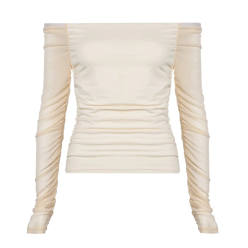 Ueong Girl Shoulder Net Pleated Solid Color Blouse Short Low-Collar Long-Sleeved T-Shirt With Exposed Navel