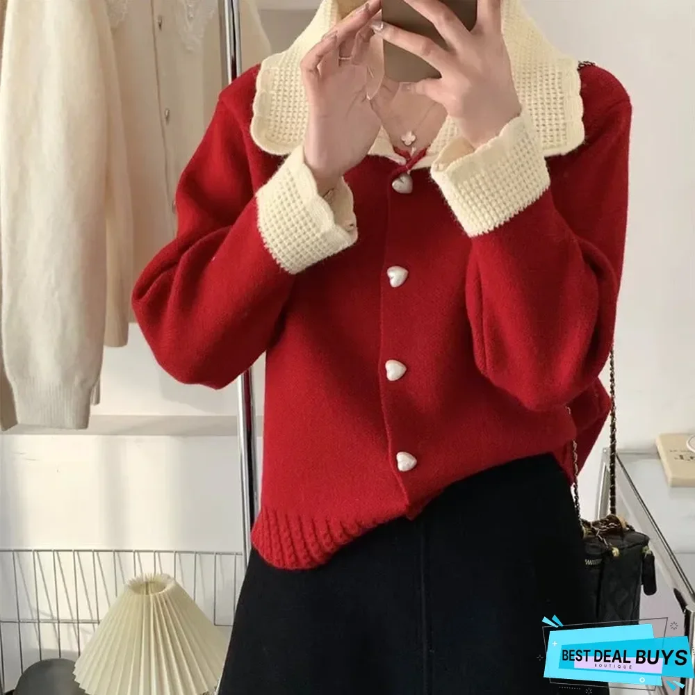 Love Loose Contrast Lapel Knit Cardigan