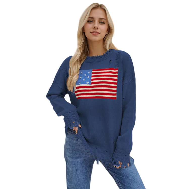 PASUXI Womens American Flag Sweater Knit Long Sleeve Crew Neck Graphic Elegant Soft Loose Pullover  Fall Chunky Warm Pullover Tops 