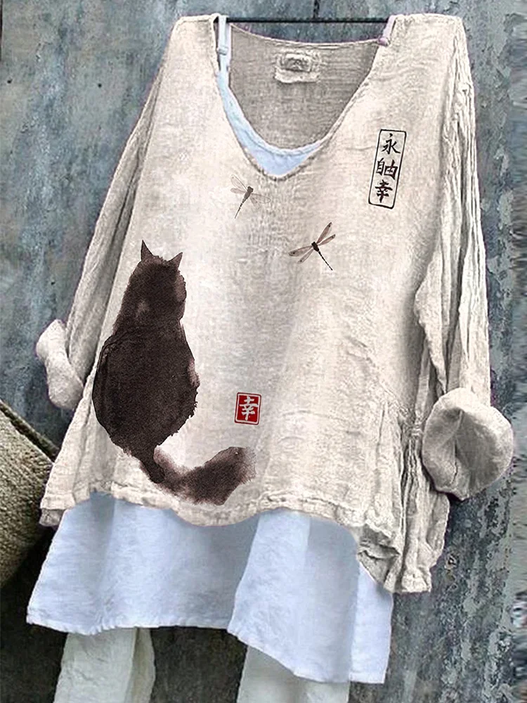 Cat Ink Painting Art Print Linen Blend Casual Shirt