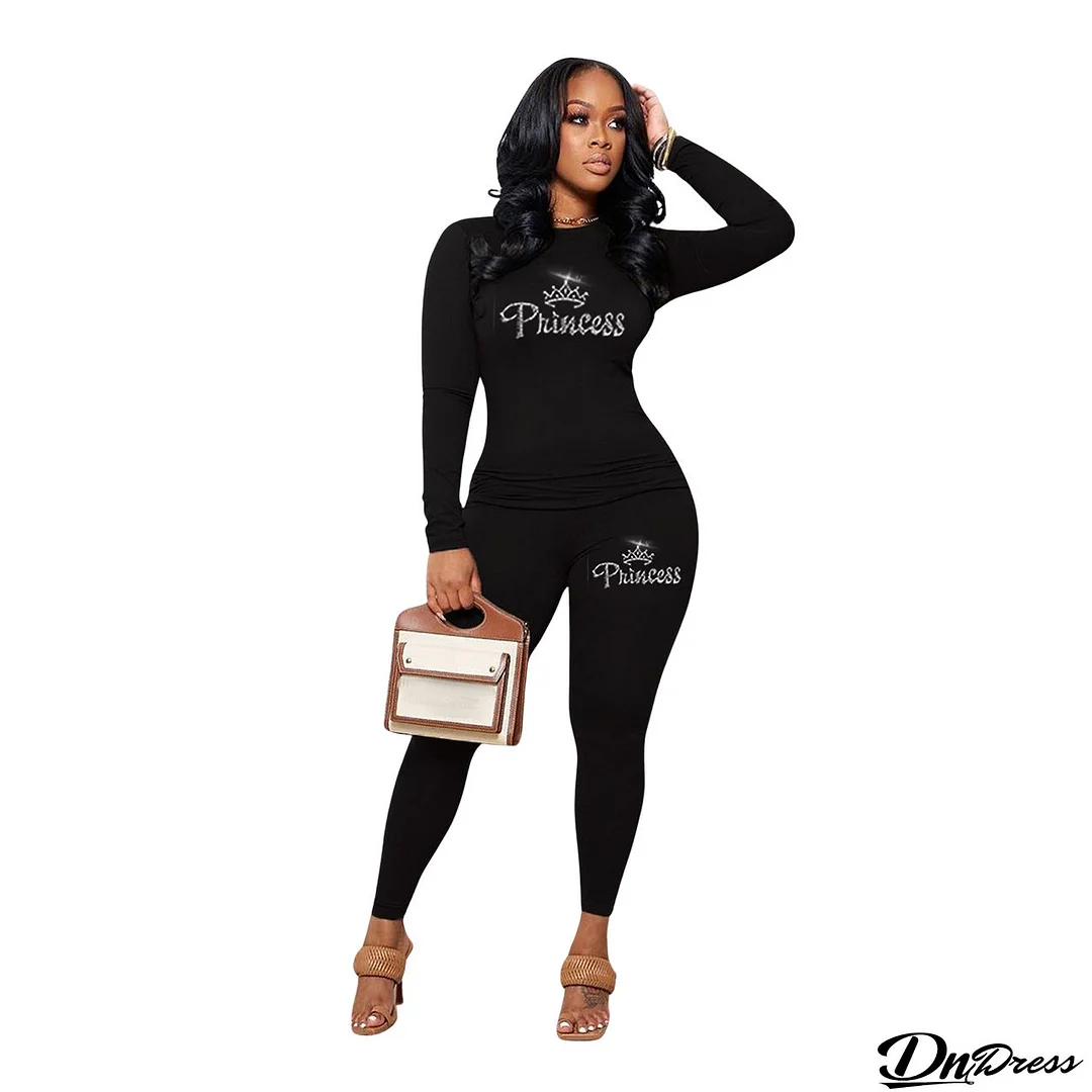 Women's Valentine's Day Love Beaded Round Neck Long Sleeve T-Shirt Basic Pants Valentine's Day Love Beaded Series Casual Two-Piece Set