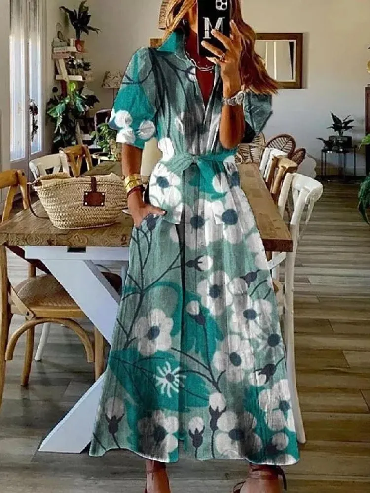 Women's Short Sleeve V-neck Graphic Floral Printed Maxi Dress