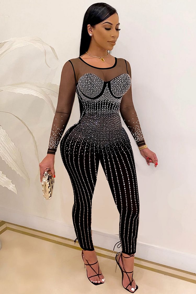 Mesh Rhinestone Long Sleeve See Through Party Jumpsuit