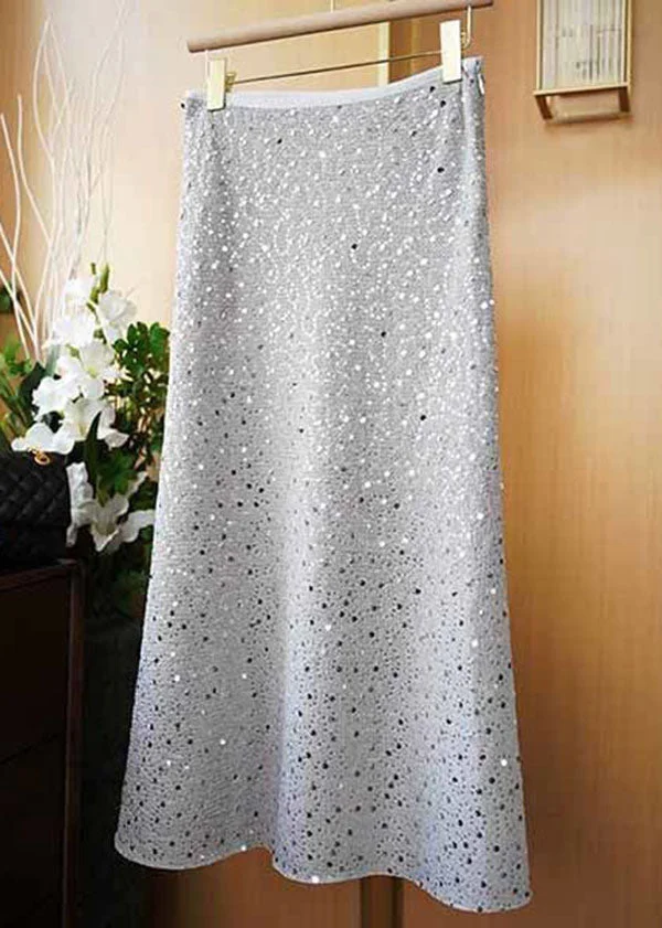 Grey Patchwork Cotton Skirts Sequins Elastic Waist Spring
