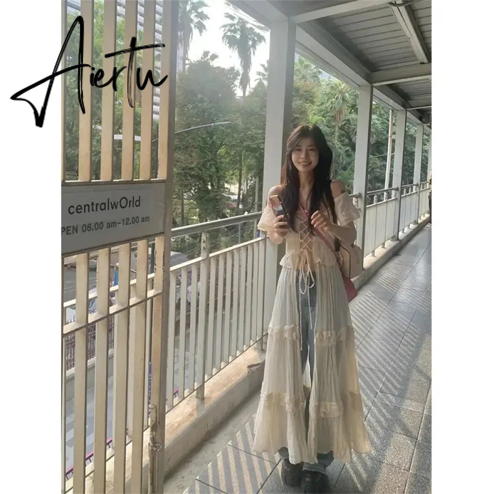 Aiertu Sweet Ruffles Dress Women Y2K Slash Neck Bandage Robe Vintage Streetwear Hollow Out Dresses Korean Tunic Maxi Vestidos New Aiertu