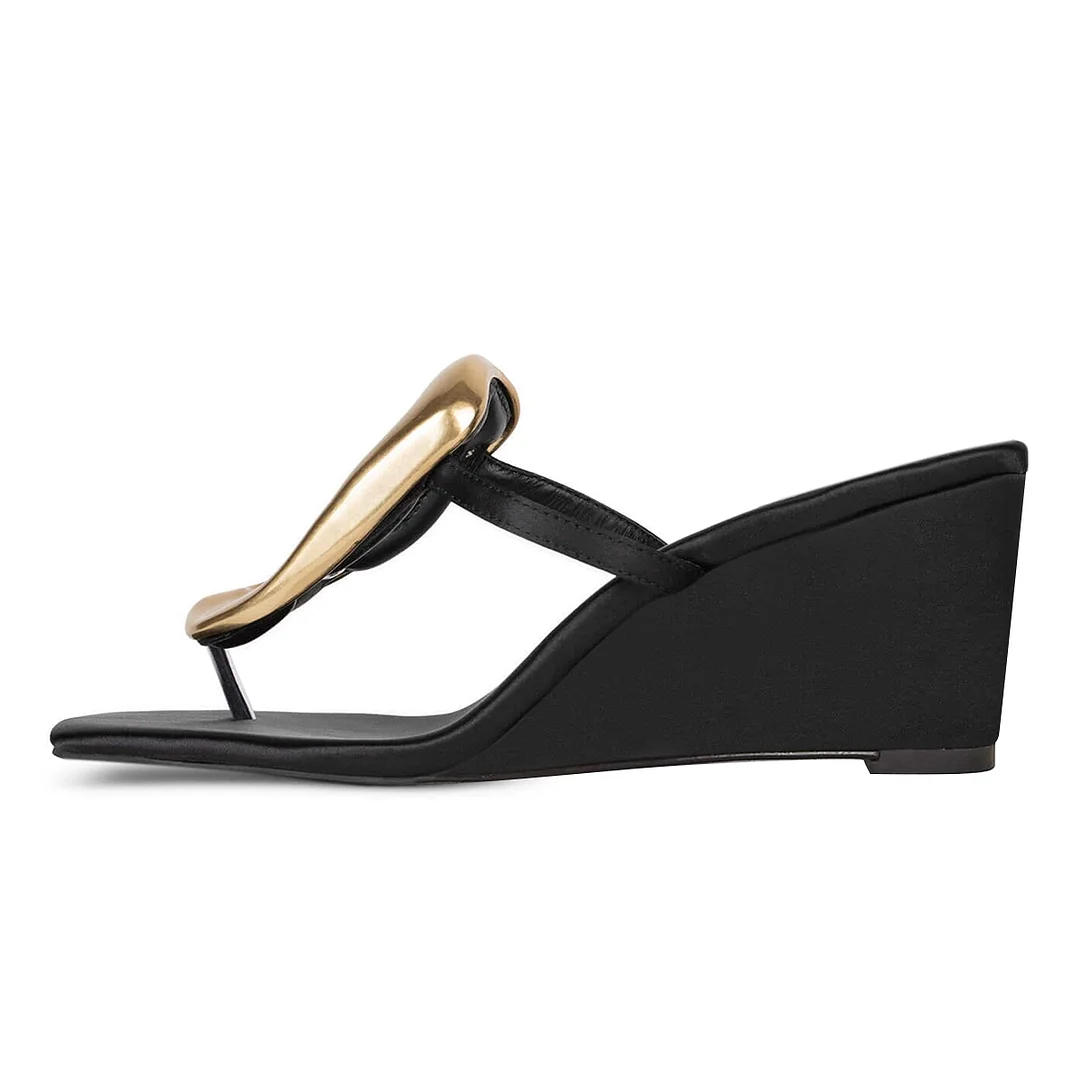 Satin Square Toe Golden Buckle Black Strappy Sandals with Wedge Heel