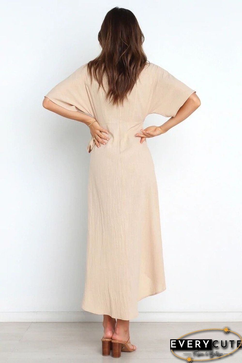 Elegant Fashion V-neck Lace-up Women Summer Dress New Female Casual High Waist Solid Color Short Sleeve A-line Soft Dresses