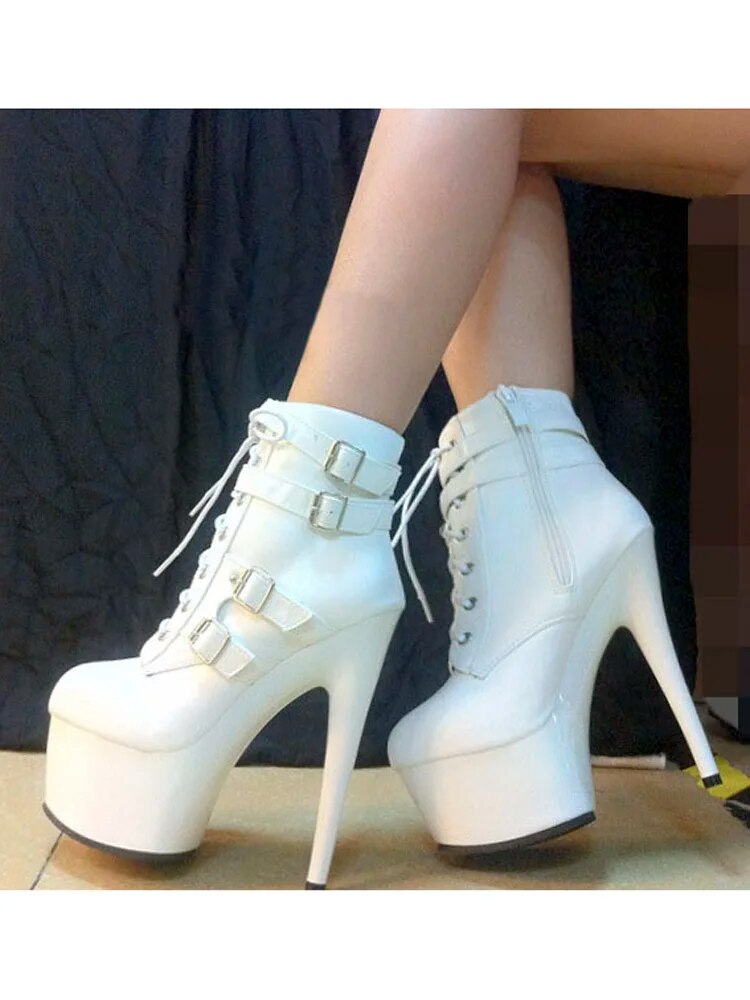 VCshoes Shoes Exotic Round Toe Pole Dance Gothic Women Boots 15cm Ankle Boots Crossdresser Buckle Black 6Inch High Stripper Heels