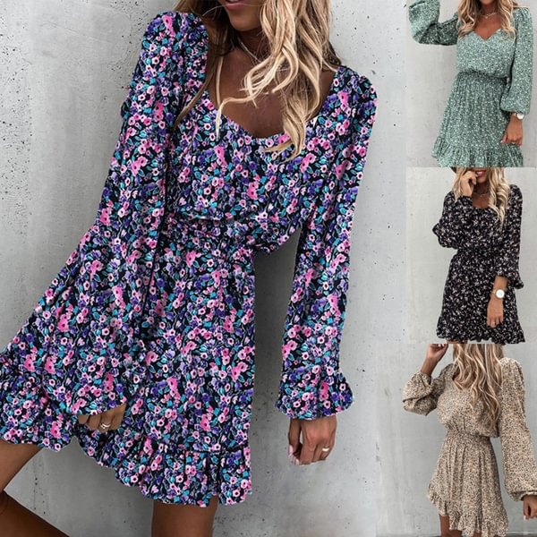 Ladies Casual Floral Print Vintage Dress Long Sleeved Mini Collect Waist Pullover Vestidos - Life is Beautiful for You - SheChoic