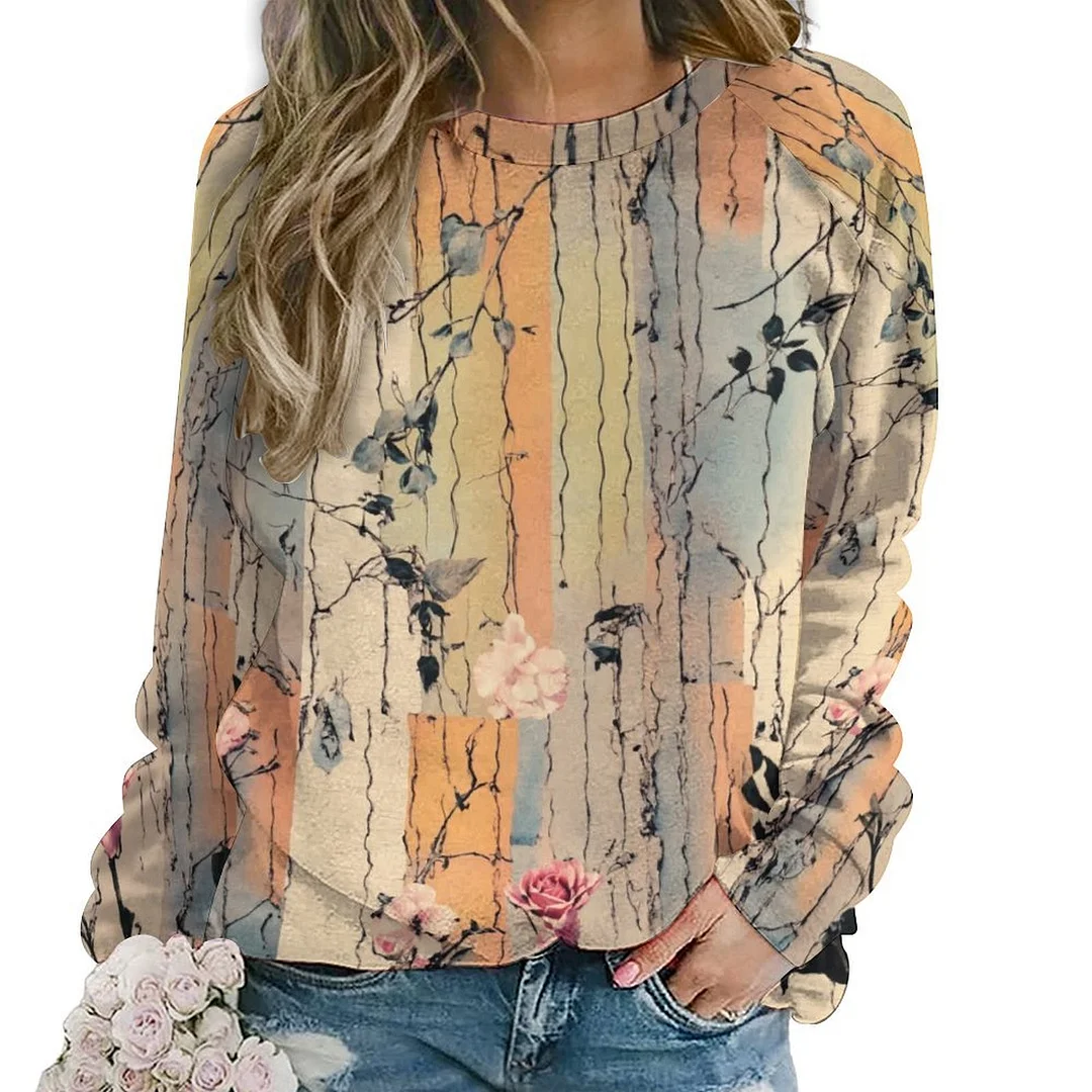 Printed Long Sleeve Casual Sweatshirt for  Women and Men Unisex Pattern Brown, Floral, Gray, Striped