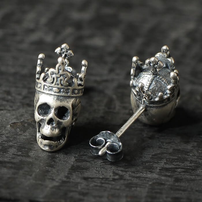 925 Silver Crown King Skull Stud Earrings