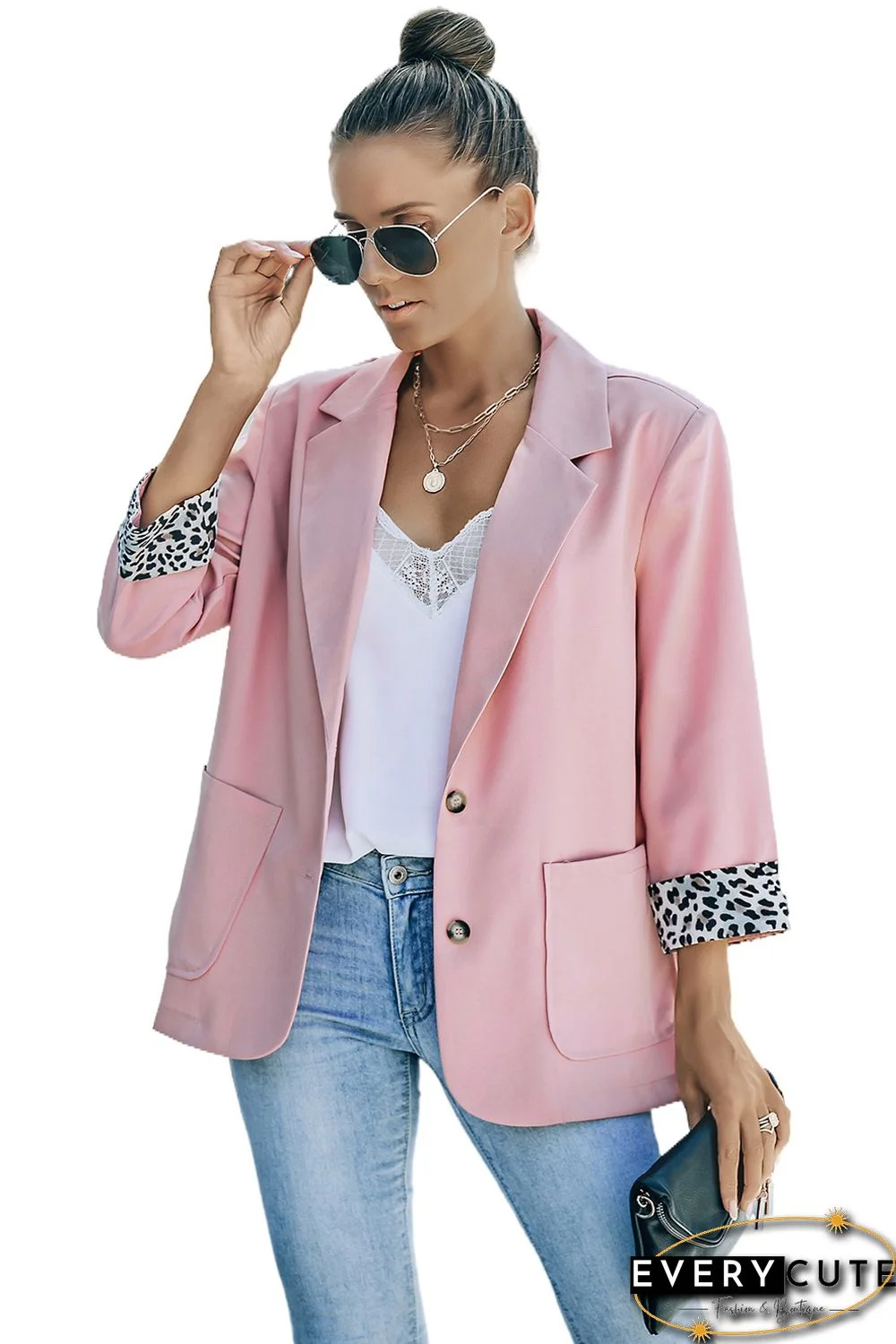 Pink Leopard lined Lapel Collar Blazer